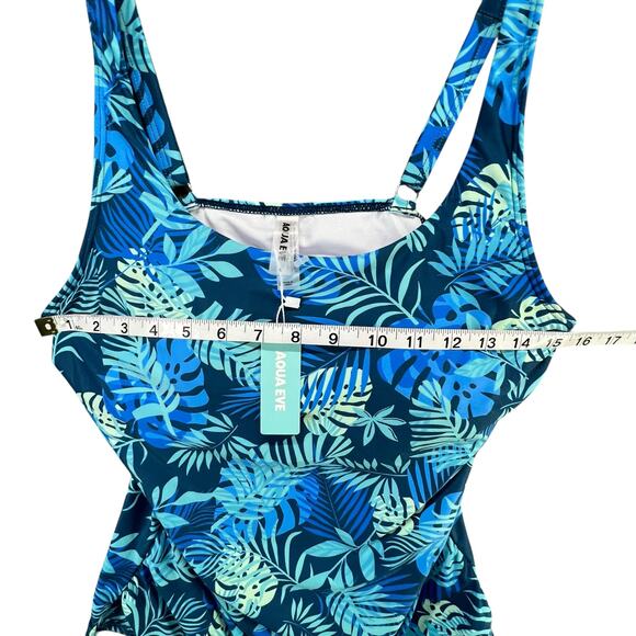 Aqua Eve Tankini Top Women L Blue Tropical Leaves Ruched Tummy Control Beach - Picture 7 of 15